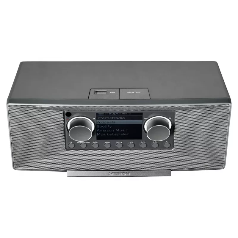 Internet radijas MEDION LIFE P85333 — DAB+ / FM, 12 W RMS, 2,8 colio TFT, Wi‑Fi 802.11a/b/g, 3,5 mm lizdas, pilka