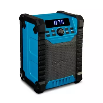 Nešiojamasis skaitmeninis radijas MEDION LIFE E65895 (MD 43895) — PLL imtuvas, 10 W RMS, LCD, Bluetooth 10 m, IP54, išorinė antena, juoda/mėlyna