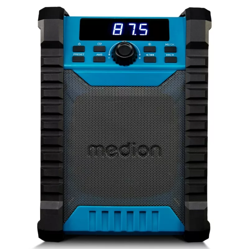 Nešiojamasis skaitmeninis radijas MEDION LIFE E65895 (MD 43895) — PLL imtuvas, 10 W RMS, LCD, Bluetooth 10 m, IP54, išorinė antena, juoda/mėlyna