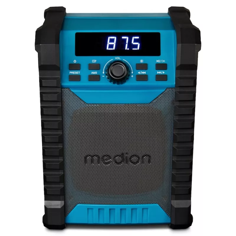 Nešiojamasis skaitmeninis radijas MEDION LIFE E65895 (MD 43895) — PLL imtuvas, 10 W RMS, LCD, Bluetooth 10 m, IP54, išorinė antena, juoda/mėlyna