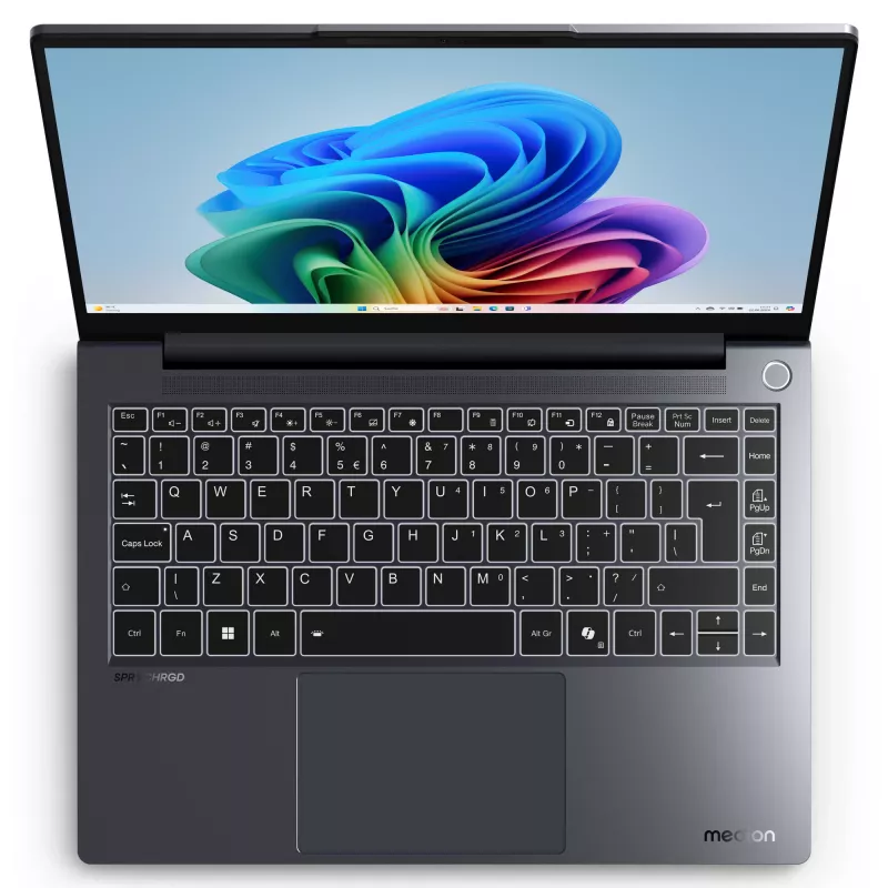 MEDION SPRCHRGD 14 S1 Elite MD62637 Snapdragon X1E-78-100 nešiojamasis kompiuteris 35,6 cm (14 colių) WQXGA+ 16 GB LPDDR5-SDRAM 512 GB SSD Wi-Fi 6E (802.11ax) Windows 11 Home US anglų kalba Pilka