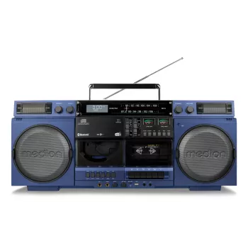 MEDION LIFE P66538 20 W mėlyna kompaktinė garso sistema — 20 W RMS, 2 krypčių garsiakalbiai, DAB+/PLL, Bluetooth 10 m, priekinio įkrovimo diskas