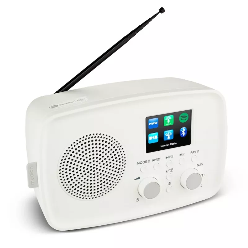 Internetinis radijas MEDION 50078821 — DAB+/FM, Wi‑Fi 802.11a/b/g, 5 W RMS, 2,4 colio TFT, baltas