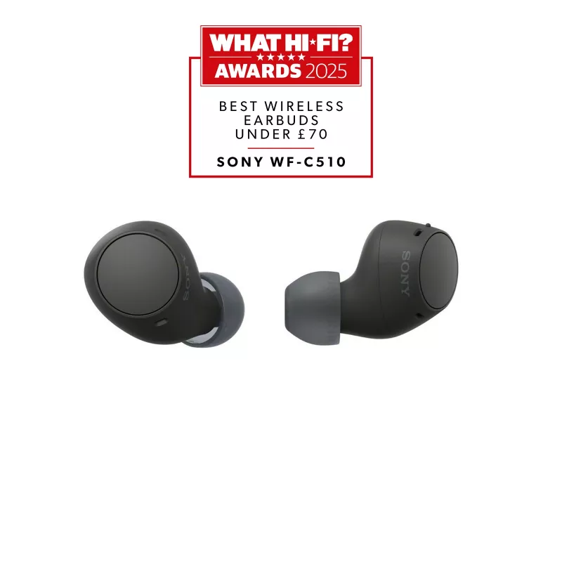 Ausinės Sony WF-C510 – belaidės į ausis įdedamos ausinės, Bluetooth 5.3, IPX4, 6 mm garsiakalbiai, 22 val. baterijos veikimo laikas (su dėklu) – juodos