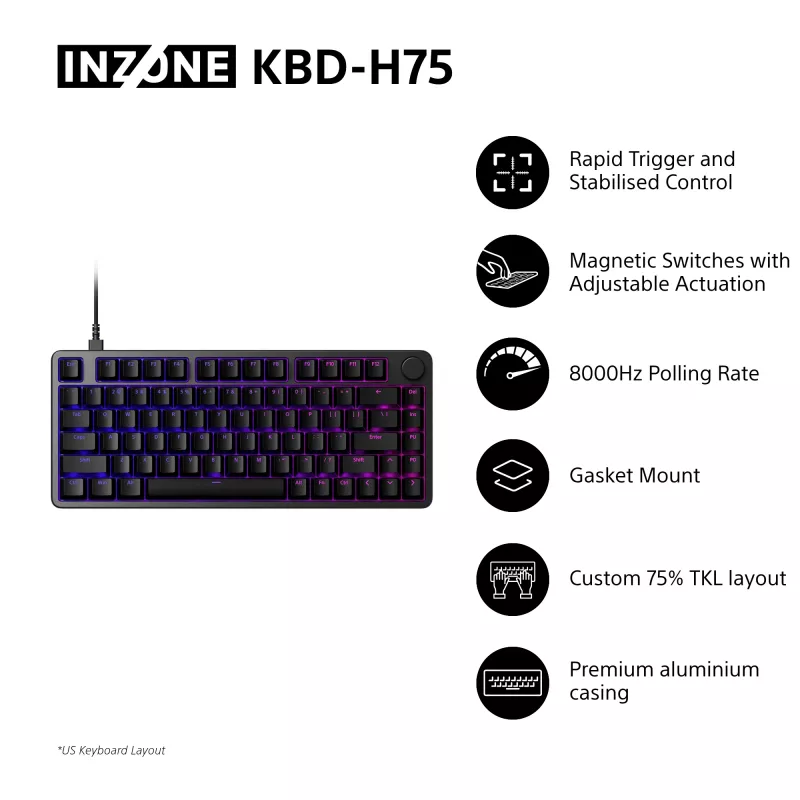 Klaviatūra Sony INZONE KBD-H75 75% laidinė USB magnetiniai-mechaniniai jungikliai QWERTY US International RGB juoda