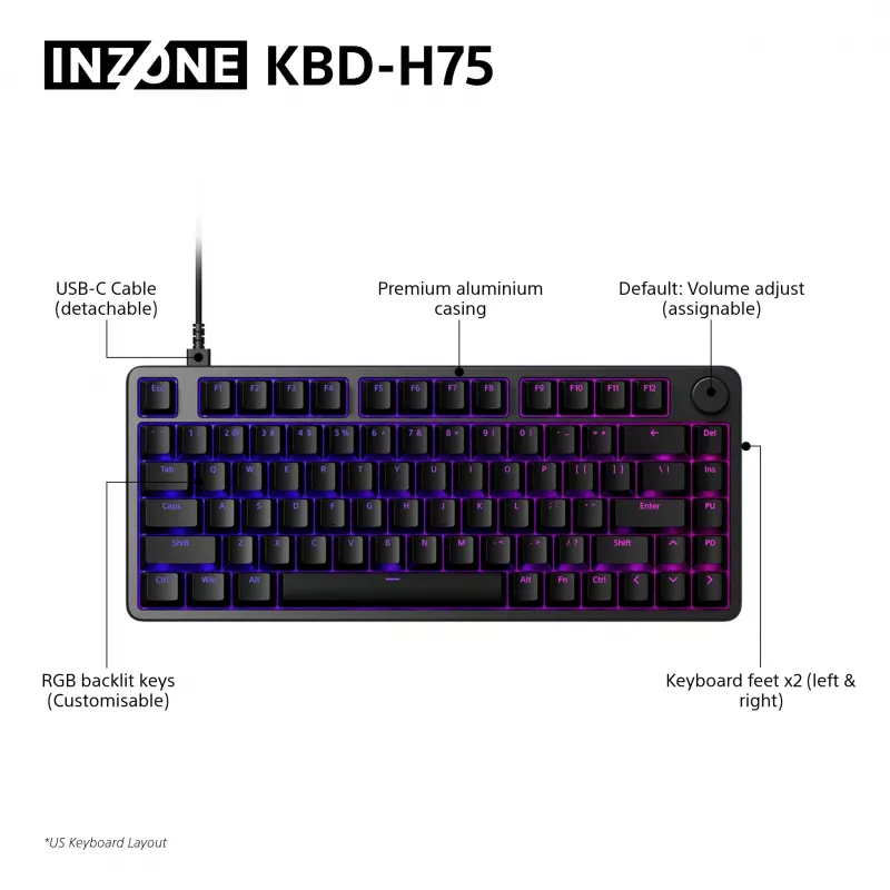 Klaviatūra Sony INZONE KBD-H75 75% laidinė USB magnetiniai-mechaniniai jungikliai QWERTY US International RGB juoda