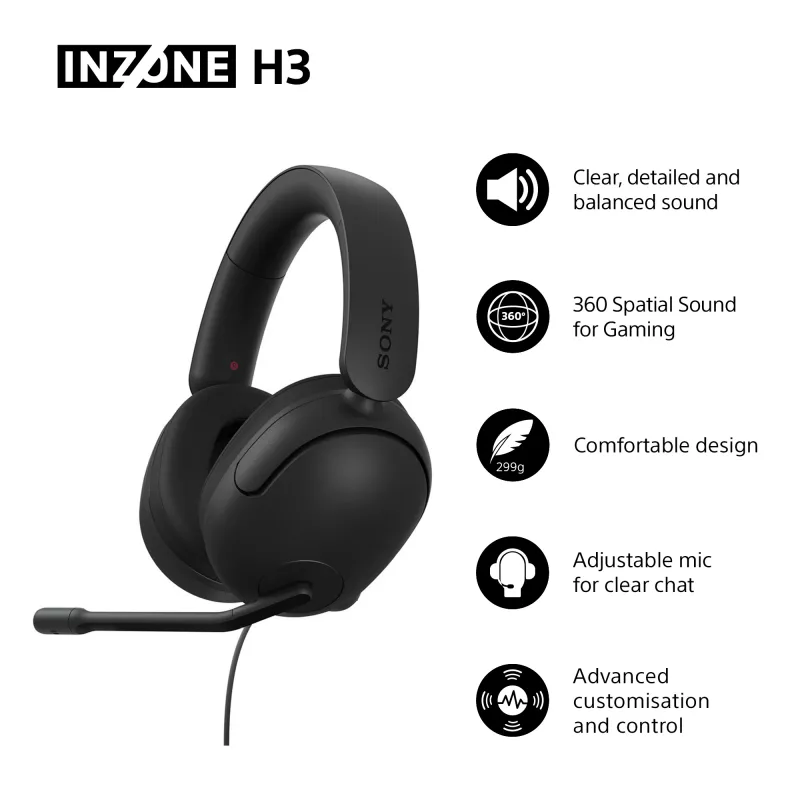 Laidinės ant ausų dedamos ausinės Sony INZONE H3 — juodos, modelis MDRG300B.CE7