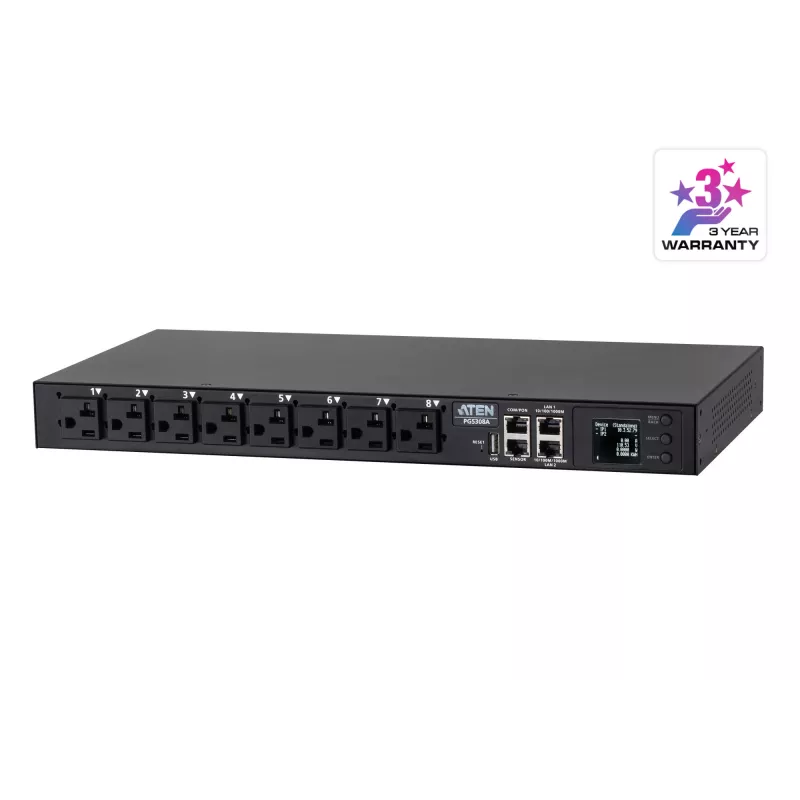 ATEN 32A 8 lizdų 1U matuojamas eco PDU, matuojamas, 1U, juodas, LCD, 8 kintamosios srovės lizdai, C13 jungtis, C19 jungtis