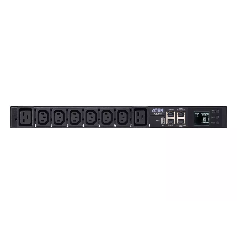ATEN 32A 8 lizdų 1U matuojamas eco PDU, matuojamas, 1U, juodas, LCD, 8 kintamosios srovės lizdai, C13 jungtis, C19 jungtis