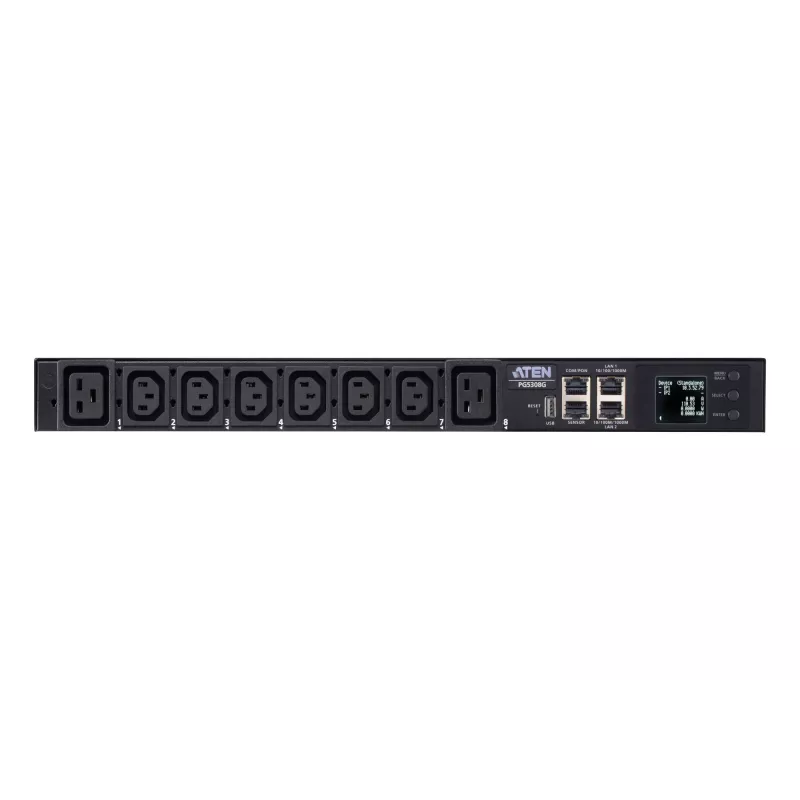 ATEN 32A 8 lizdų 1U matuojamas eco PDU, matuojamas, 1U, juodas, LCD, 8 kintamosios srovės lizdai, C13 jungtis, C19 jungtis