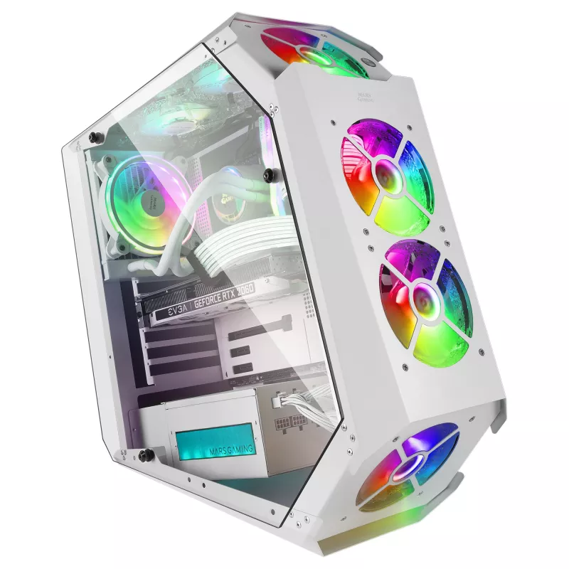 Mars Gaming MC51W baltas PC žaidimams ATX dvigubo grūdinto stiklo korpusas su 5x RGB 12 cm ventiliatoriais