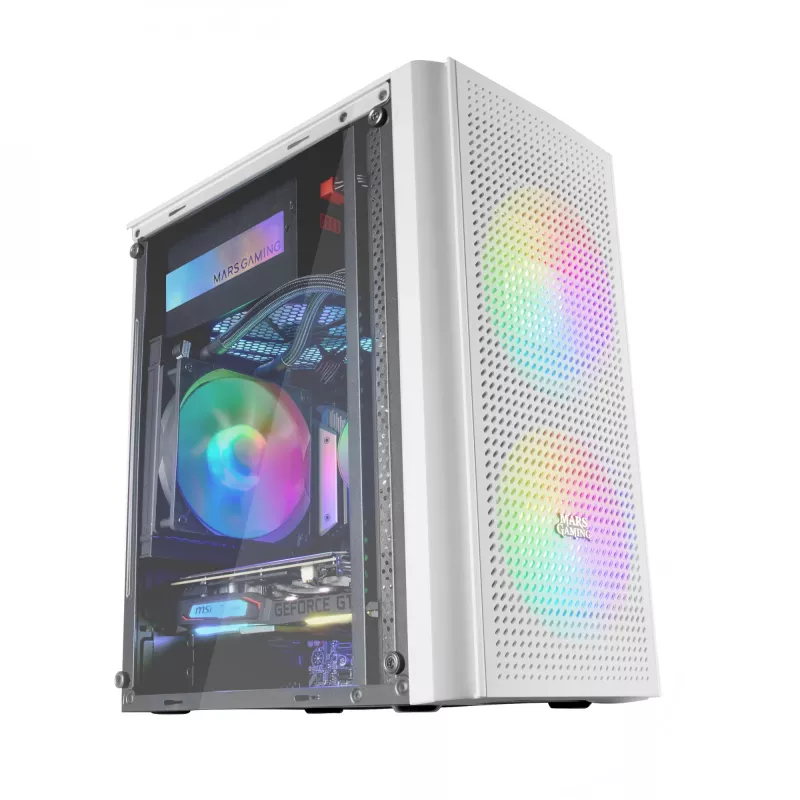 Mars Gaming MC300W Micro ATX grūdinto stiklo kompiuterio korpusas su 3x FrGB ventiliatoriumi, baltas
