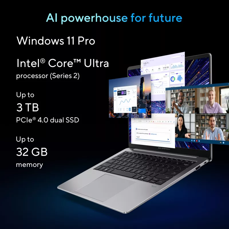 ASUS ExpertBook P5 P5405CSA-NZ0195X „Intel Core Ultra 7 258V“ nešiojamasis kompiuteris 35,6 cm (14 colių) WQXGA 32 GB LPDDR5x-SDRAM 1 TB SSD „Wi-Fi 6E“ (802.11ax) „Windows 11 Pro“ US International pilka