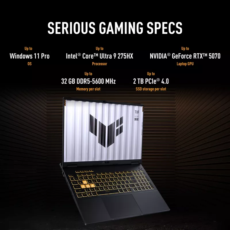 ASUS TUF Gaming F16 FX608JPR-QT014W Intel® Core™ i7 i7-14650HX Nešiojamas kompiuteris 40,6 cm (16 colių) WQXGA 32 GB DDR5-SDRAM 1 TB SSD NVIDIA GeForce RTX 5070 Wi-Fi 6E (802.11ax) Windows 11 Home Olandiška Juoda, Pilka
