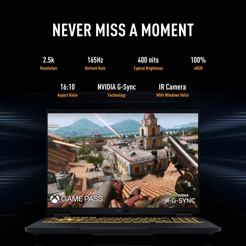 ASUS TUF Gaming F16 FX608JPR-QT014W Intel® Core™ i7 i7-14650HX Nešiojamas kompiuteris 40,6 cm (16 colių) WQXGA 32 GB DDR5-SDRAM 1 TB SSD NVIDIA GeForce RTX 5070 Wi-Fi 6E (802.11ax) Windows 11 Home Olandiška Juoda, Pilka