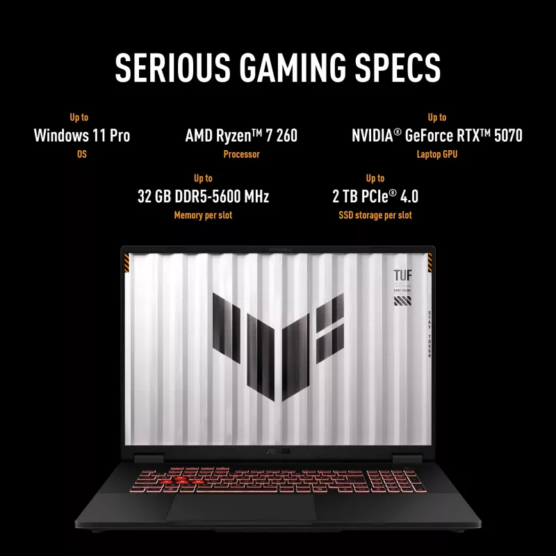 ASUS TUF Gaming A18 FA808UH-S8076W AMD Ryzen™ 7 260 Nešiojamasis kompiuteris 45,7 cm (18 colių) Full HD+ 16 GB DDR5-SDRAM 512 GB SSD NVIDIA® GeForce RTX™ 5050 Wi-Fi 6E (802.11ax) Windows 11 Home Dutch Pilka