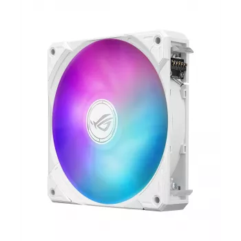 Viskas viename skysčio aušintuvas ASUS ROG Ryuo IV SLC 360 ARGB White Edition — 360 mm radiatorius, 3×120 mm ventiliatoriai, AMOLED ekranas, LGA 1700 palaikymas