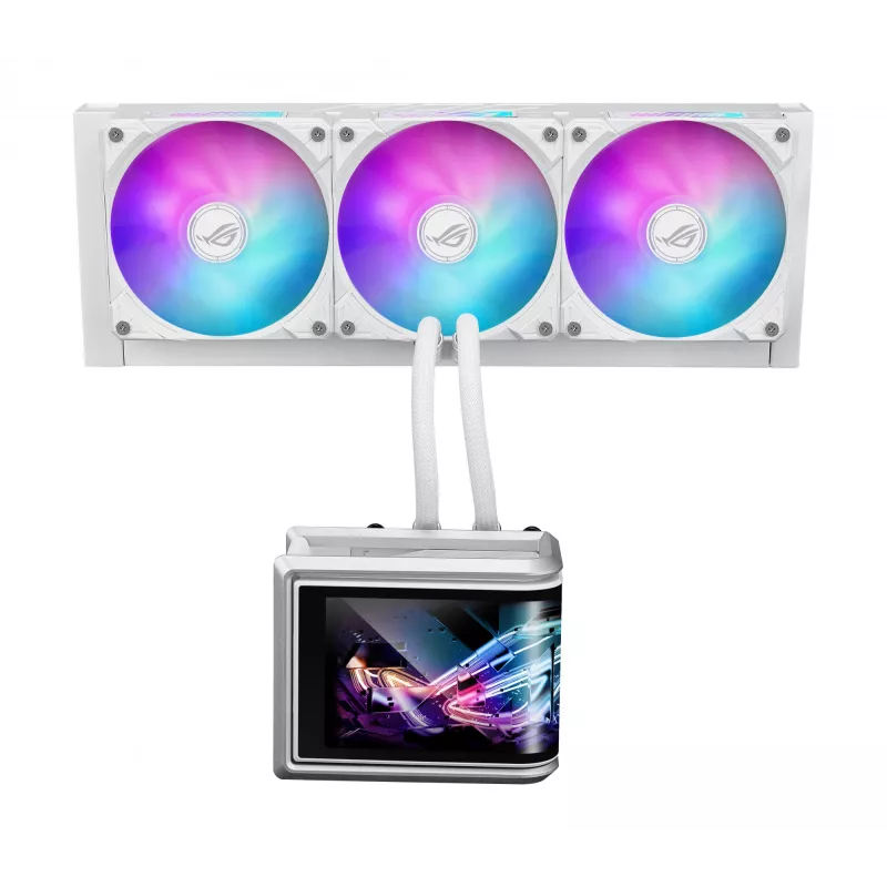 Viskas viename skysčio aušintuvas ASUS ROG Ryuo IV SLC 360 ARGB White Edition — 360 mm radiatorius, 3×120 mm ventiliatoriai, AMOLED ekranas, LGA 1700 palaikymas