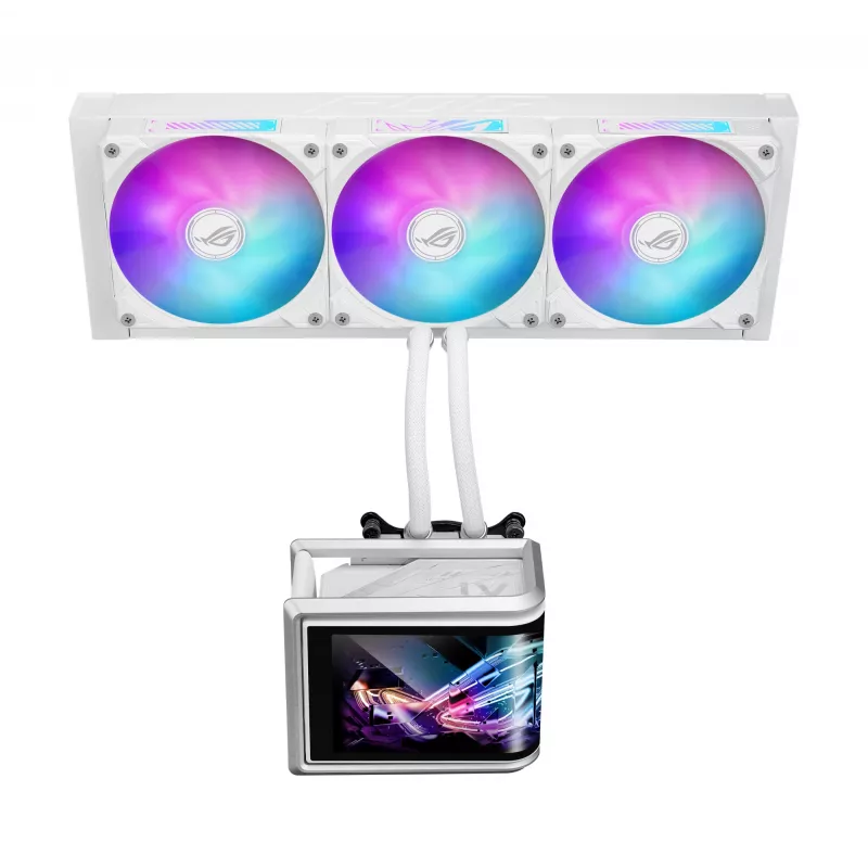 Viskas viename skysčio aušintuvas ASUS ROG Ryuo IV SLC 360 ARGB White Edition — 360 mm radiatorius, 3×120 mm ventiliatoriai, AMOLED ekranas, LGA 1700 palaikymas