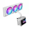 Viskas viename skysčio aušintuvas ASUS ROG Ryuo IV SLC 360 ARGB White Edition — 360 mm radiatorius, 3×120 mm ventiliatoriai, AMOLED ekranas, LGA 1700 palaikymas
