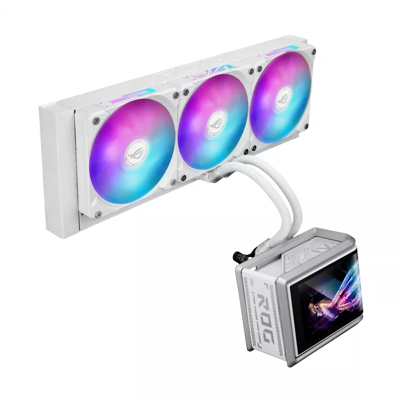 Viskas viename skysčio aušintuvas ASUS ROG Ryuo IV SLC 360 ARGB White Edition — 360 mm radiatorius, 3×120 mm ventiliatoriai, AMOLED ekranas, LGA 1700 palaikymas