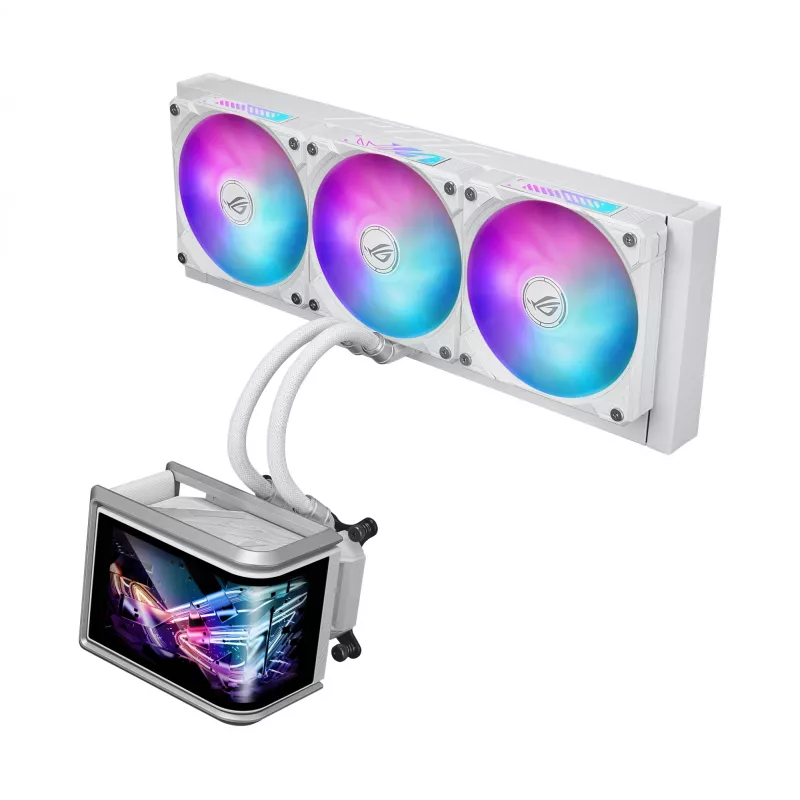 Viskas viename skysčio aušintuvas ASUS ROG Ryuo IV SLC 360 ARGB White Edition — 360 mm radiatorius, 3×120 mm ventiliatoriai, AMOLED ekranas, LGA 1700 palaikymas