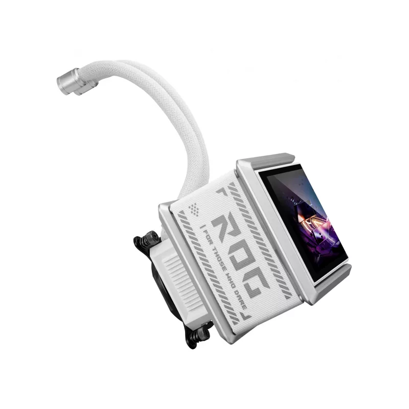 Viskas viename skysčio aušintuvas ASUS ROG Ryuo IV SLC 360 ARGB White Edition — 360 mm radiatorius, 3×120 mm ventiliatoriai, AMOLED ekranas, LGA 1700 palaikymas