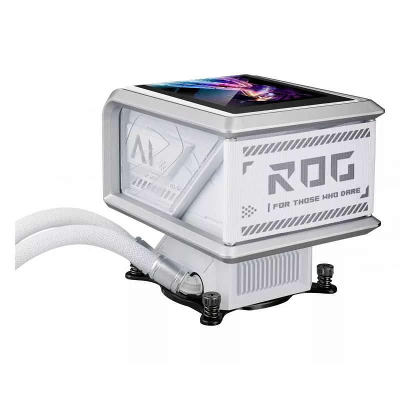 Viskas viename skysčio aušintuvas ASUS ROG Ryuo IV SLC 360 ARGB White Edition — 360 mm radiatorius, 3×120 mm ventiliatoriai, AMOLED ekranas, LGA 1700 palaikymas