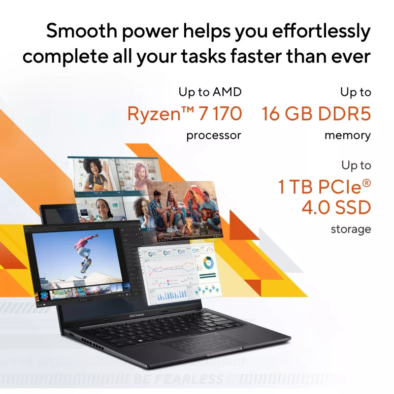 ASUS Vivobook 14 M1405NAQ-LY025W AMD Ryzen™ 7 170 nešiojamas kompiuteris 35,6 cm (14 colių) WUXGA 16 GB DDR5-SDRAM 512 GB SSD Wi-Fi 6 (802.11ax) Windows 11 Home olandų juoda