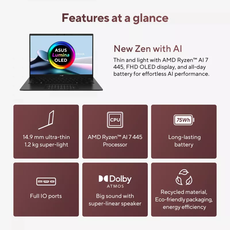ASUS Zenbook 14 OLED UM3406GA-QD031W Copilot+ PC AMD Ryzen™ AI 7 445 Nešiojamasis kompiuteris 35.6 cm (14 col.) WUXGA 32 GB LPDDR5x-SDRAM 1 TB SSD Wi-Fi 6E (802.11ax) Windows 11 Home Olandų Juoda