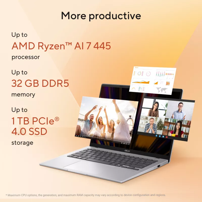 ASUS Vivobook 14 M1407GA-LY012W Copilot+ PC AMD Ryzen™ AI 7 445 Nešiojamasis kompiuteris 35.6 cm (14 colių) WUXGA 16 GB DDR5-SDRAM 512 GB SSD Wi-Fi 6 (802.11ax) Windows 11 Home Olandiška Sidabrinis