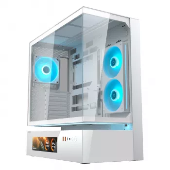 COUGAR CFV235 Vision vidutinio bokšto PC korpusas — ARGB, 23,3 cm (9,16 col.) LCD, grūdintas stiklas, balta, palaiko ATX/Micro-ITX, 2x3,5 col. + 2x2,5 col.