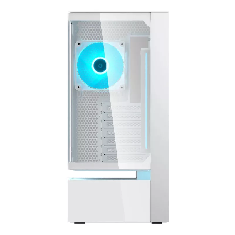 COUGAR CFV235 Vision vidutinio bokšto PC korpusas — ARGB, 23,3 cm (9,16 col.) LCD, grūdintas stiklas, balta, palaiko ATX/Micro-ITX, 2x3,5 col. + 2x2,5 col.