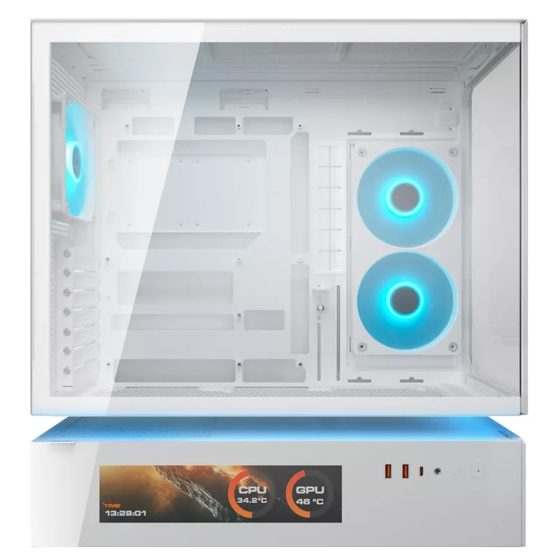 COUGAR CFV235 Vision vidutinio bokšto PC korpusas — ARGB, 23,3 cm (9,16 col.) LCD, grūdintas stiklas, balta, palaiko ATX/Micro-ITX, 2x3,5 col. + 2x2,5 col.