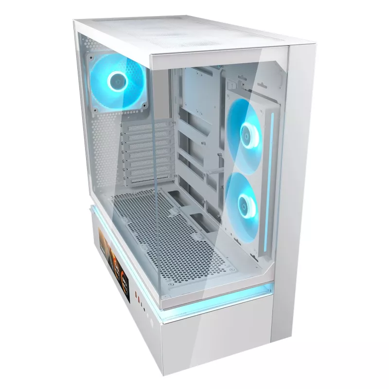 COUGAR CFV235 Vision vidutinio bokšto PC korpusas — ARGB, 23,3 cm (9,16 col.) LCD, grūdintas stiklas, balta, palaiko ATX/Micro-ITX, 2x3,5 col. + 2x2,5 col.