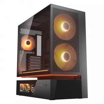 COUGAR PC Midi Tower korpusas CFV235 Vision — ARGB, 23,3 cm (9,16 col.) LCD 1920×462, tinklelis, priekyje 2×160 mm, gale 1×120 mm, juodas