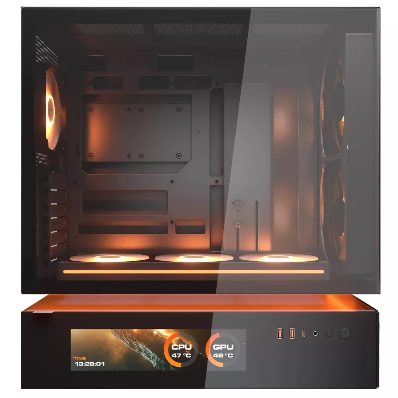 COUGAR PC Midi Tower korpusas CFV235 Vision — ARGB, 23,3 cm (9,16 col.) LCD 1920×462, tinklelis, priekyje 2×160 mm, gale 1×120 mm, juodas