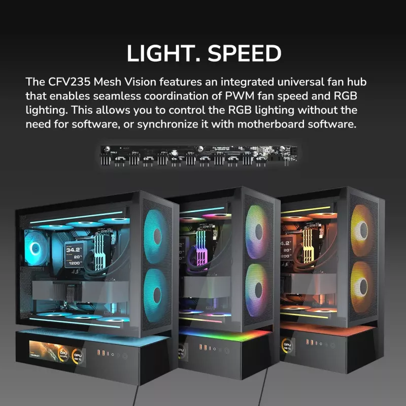 COUGAR PC Midi Tower korpusas CFV235 Vision — ARGB, 23,3 cm (9,16 col.) LCD 1920×462, tinklelis, priekyje 2×160 mm, gale 1×120 mm, juodas
