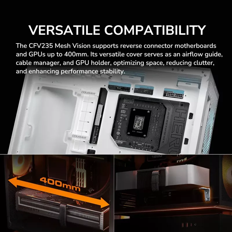 COUGAR PC Midi Tower korpusas CFV235 Vision — ARGB, 23,3 cm (9,16 col.) LCD 1920×462, tinklelis, priekyje 2×160 mm, gale 1×120 mm, juodas