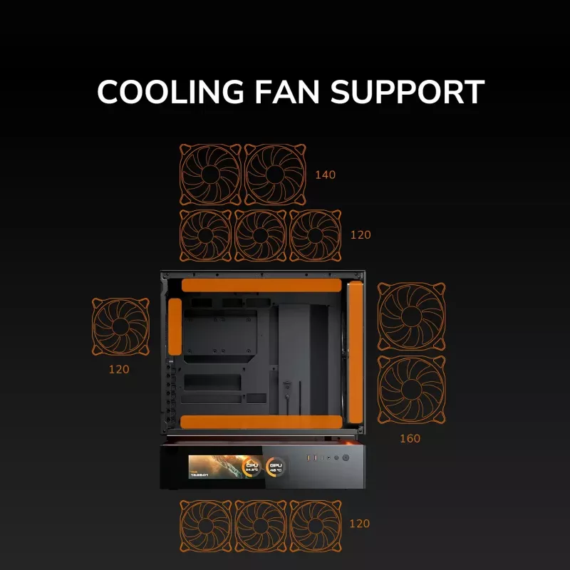 COUGAR PC Midi Tower korpusas CFV235 Vision — ARGB, 23,3 cm (9,16 col.) LCD 1920×462, tinklelis, priekyje 2×160 mm, gale 1×120 mm, juodas