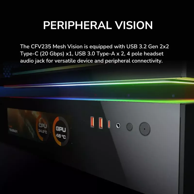 COUGAR PC Midi Tower korpusas CFV235 Vision — ARGB, 23,3 cm (9,16 col.) LCD 1920×462, tinklelis, priekyje 2×160 mm, gale 1×120 mm, juodas