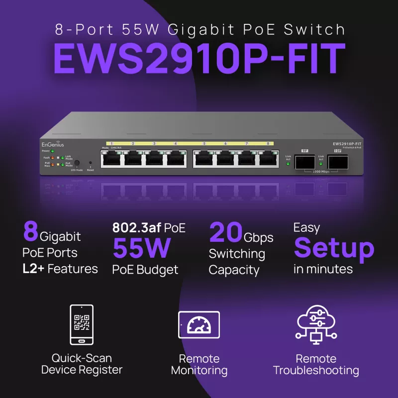 Valdomas komutatorius EnGenius FitSwitch 8 PoE 8x Gigabit Ethernet prievadai
