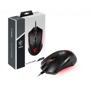 MSI CLUTCH GM08 optinė žaidimų pelė '4200 DPI optinis jutiklis, 6 programuojami mygtukai, simetriškas dizainas, patvarus jungiklis su daugiau nei 10 milijonų paspaudimų, reguliuojamas svoris, raudonas LED'