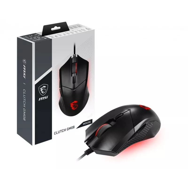 MSI CLUTCH GM08 optinė žaidimų pelė '4200 DPI optinis jutiklis, 6 programuojami mygtukai, simetriškas dizainas, patvarus jungiklis su daugiau nei 10 milijonų paspaudimų, reguliuojamas svoris, raudonas LED'