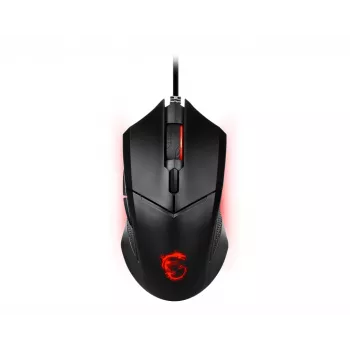 MSI CLUTCH GM08 optinė žaidimų pelė '4200 DPI optinis jutiklis, 6 programuojami mygtukai, simetriškas dizainas, patvarus jungiklis su daugiau nei 10 milijonų paspaudimų, reguliuojamas svoris, raudonas LED'
