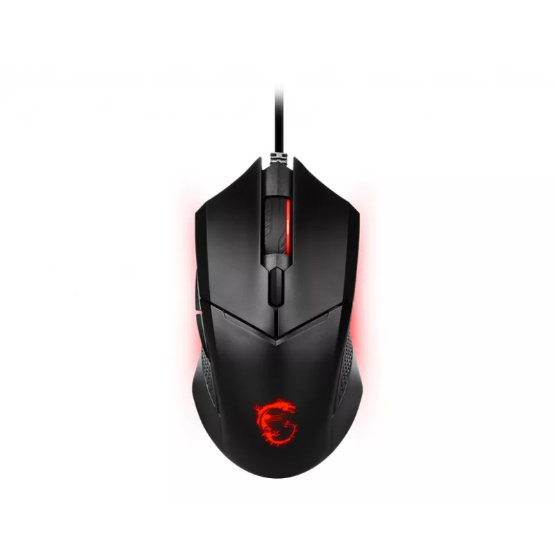 MSI CLUTCH GM08 optinė žaidimų pelė '4200 DPI optinis jutiklis, 6 programuojami mygtukai, simetriškas dizainas, patvarus jungiklis su daugiau nei 10 milijonų paspaudimų, reguliuojamas svoris, raudonas LED'