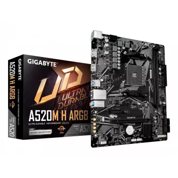 GIGABYTE A520M H ARGB pagrindinė plokštė - palaiko AMD Ryzen 5000 serijos procesorius, iki 5100MHz DDR4 (OC), PCIe 3.0 x4 M.2, 1 GbE LAN, USB 3.2 Gen 1