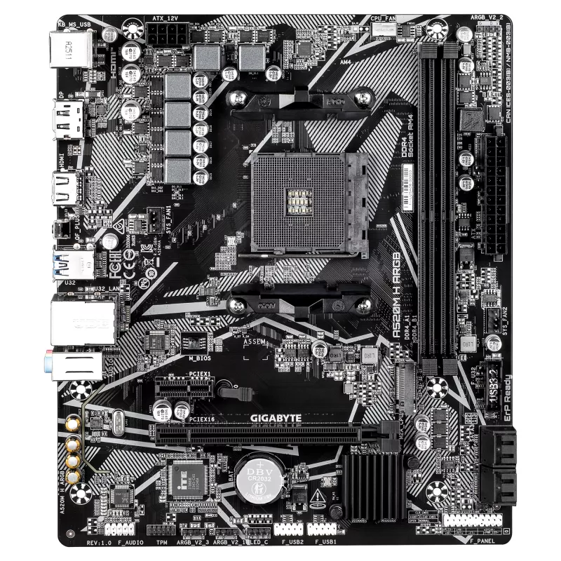 GIGABYTE A520M H ARGB pagrindinė plokštė - palaiko AMD Ryzen 5000 serijos procesorius, iki 5100MHz DDR4 (OC), PCIe 3.0 x4 M.2, 1 GbE LAN, USB 3.2 Gen 1