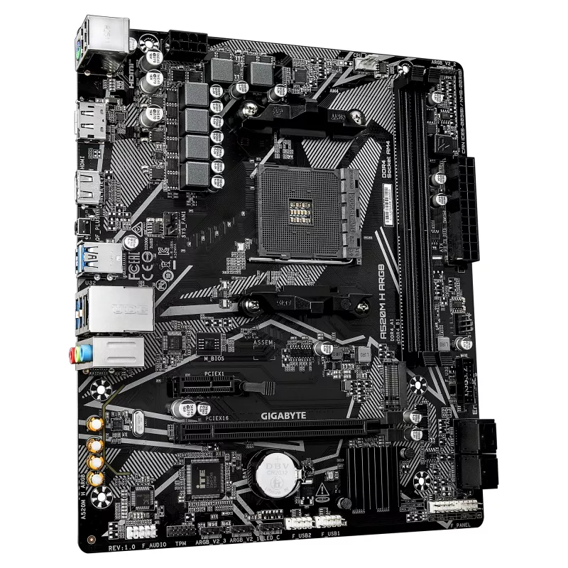 GIGABYTE A520M H ARGB pagrindinė plokštė - palaiko AMD Ryzen 5000 serijos procesorius, iki 5100MHz DDR4 (OC), PCIe 3.0 x4 M.2, 1 GbE LAN, USB 3.2 Gen 1
