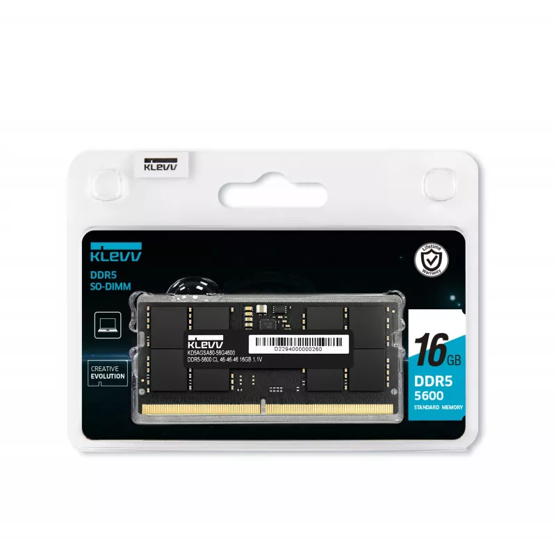 Klevv 16GB NEŠIOJAMOJO KOMPIUTERIO RAM MODULIS DDR5 5600MT/s PC5-44800 UNBUFFERED NON-ECC SODIMM 1.1V 2GX8 CL46